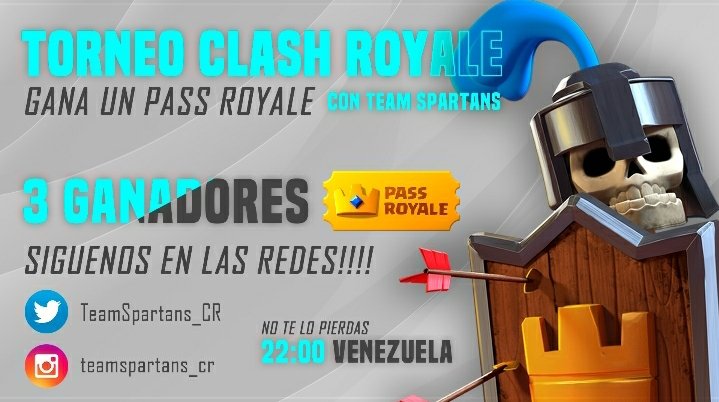 #ClashRoyale
🔥Torneo por Pass Royale🔥

🎖 Solo 3 ganadores.
⏰ Hoy a las 22:00 🇻🇪.
⏰ A las 21:00 🇻🇪 se publicará el nombre del Torneo y contraseña.

Requisitos:🤔

📍 Seguirnos 
📍 Seguir a @CarGa_Cr
📍 Dar Fav y RT