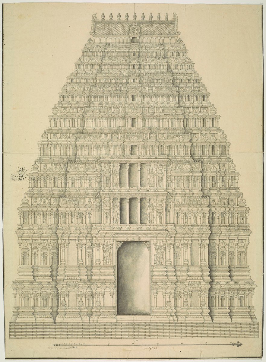 Elevation of one of the Gopurams of the Temple at Srirangam Company School (Tamil Nadu), c.1800Inks and watercolour over graphite pencil