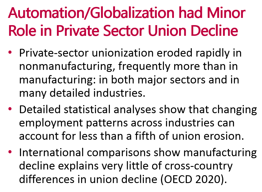 (14/14) No, economists, union decline is not simply due to mfg automation and globalization. Extensive discussion in paper, but this accounts for less than a fifth of decline.