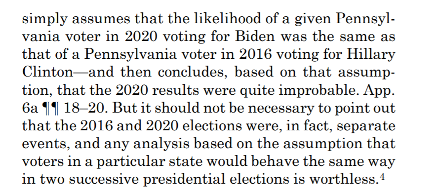 Pennsylvania also notes that Texas' ridiculous statistical analysis of how improbable it would be for Biden to have won the election if everybody voted exactly as they had in 2016 is, in fact, ridiculous.