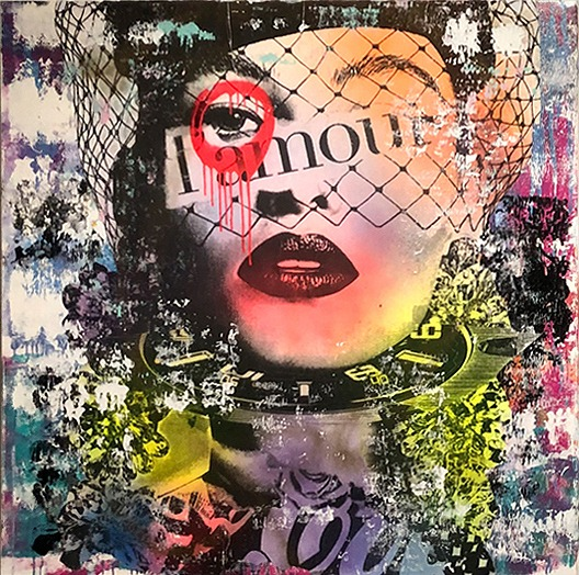 One of the most influential street artists to emerge from New York, DAIN combines the visual language of graffiti with collaged old portraits of Hollywood glamour stars...his unmistakable trademark is the “circle and drip” around the eye of his subjects.