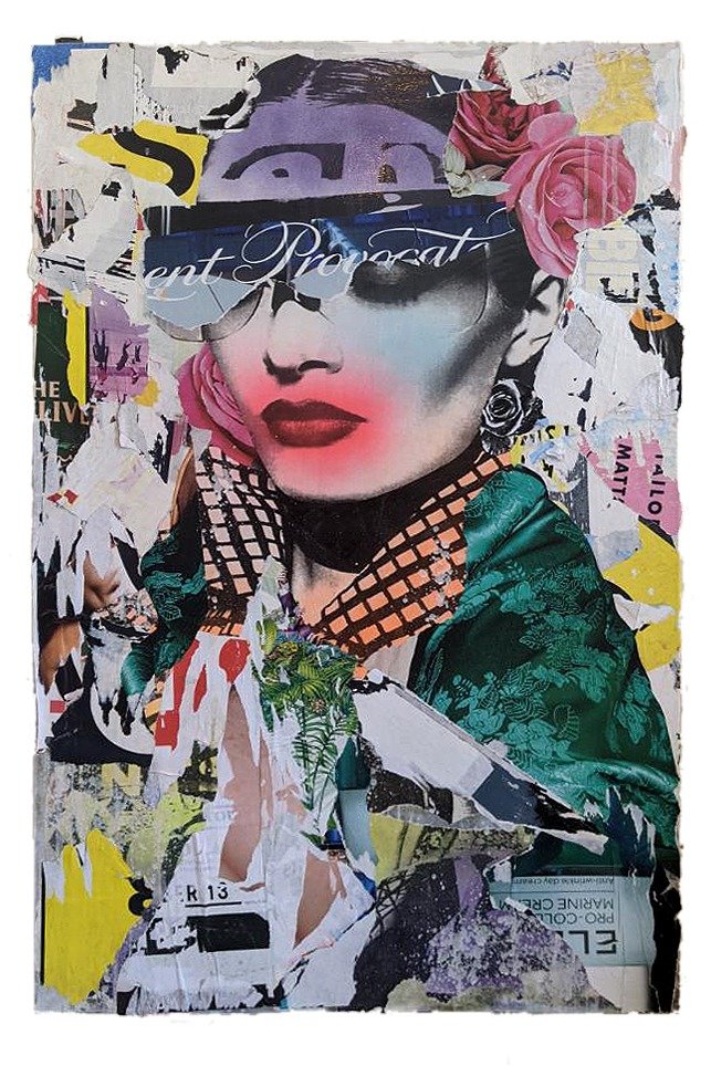 One of the most influential street artists to emerge from New York, DAIN combines the visual language of graffiti with collaged old portraits of Hollywood glamour stars...his unmistakable trademark is the “circle and drip” around the eye of his subjects.