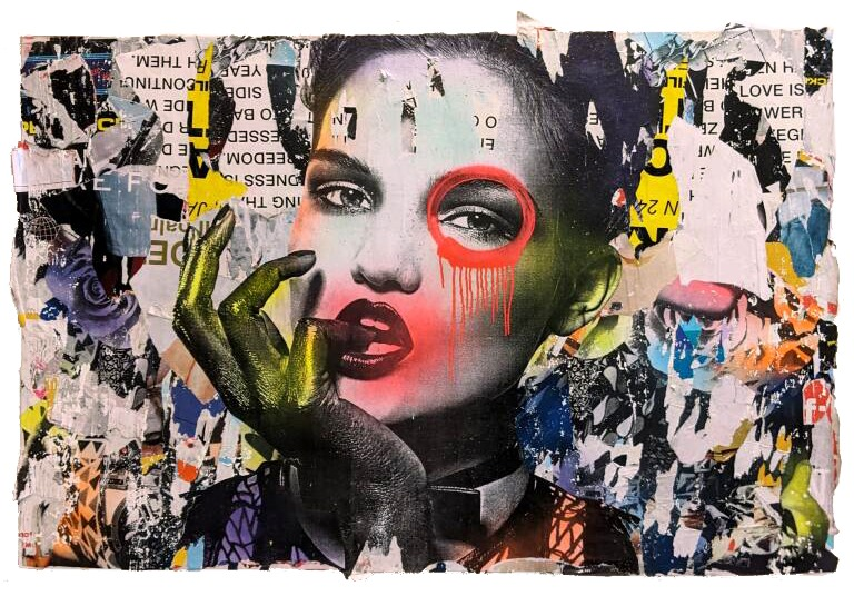 One of the most influential street artists to emerge from New York, DAIN combines the visual language of graffiti with collaged old portraits of Hollywood glamour stars...his unmistakable trademark is the “circle and drip” around the eye of his subjects.