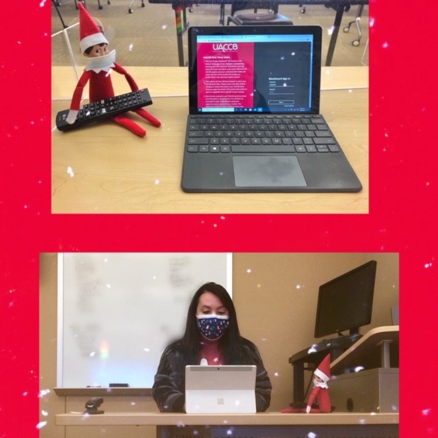 UACCB's tweet photo. Buddy Elf visited the Art and Humanities Department! He helped Mrs. Goslin grade papers, hung out with some fictional characters, and helped facilitate Mrs. Goslin's last class. He also got into Mrs. Strickland's  magnetic poetry kit to make a list of his favorite things! #uaccb https://t.co/DAlPhW0ddh