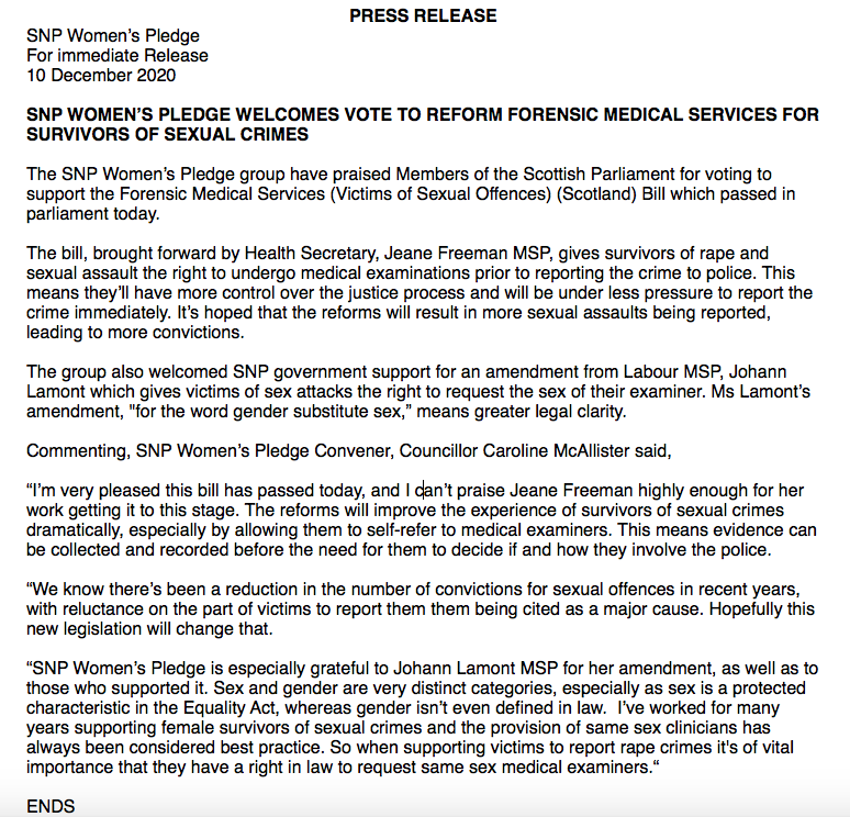 WomensPledge's tweet photo. The SNP #WomensPledge has put out the following press release:

#SixWords 
#SexNotGender https://t.co/A2Q5r0YWGH