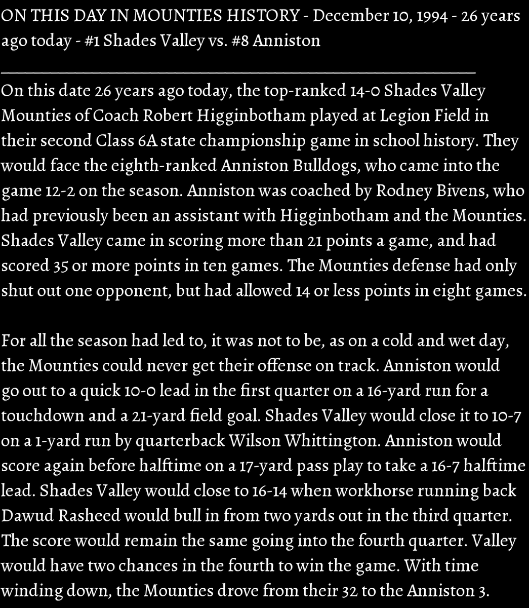 svmounties's tweet photo. ON THIS DAY IN MOUNTIES HISTORY - December 10, 1994 - 26 years ago today - #1 Shades Valley vs #8 Anniston at Legion Field - Class 6A State Championship #100SeasonsofMountieFootball #GoMounties ๐ดโซ (1/2) https://t.co/B53P97DZaH