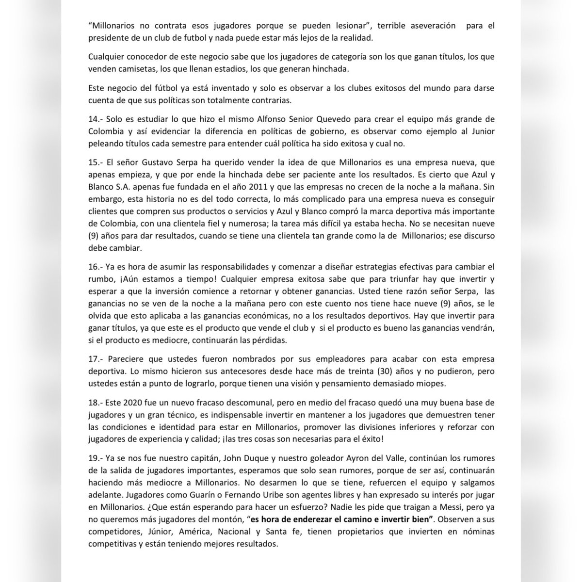 MFCWDC's tweet photo. #CARTA de las @FilialesE de MILLONARIOS en los Estados Unidos a Gustavo Serpa y Enrique Camacho "Cada vez son menos los hinchas que creen en un futuro ganador para el equipo"
El texto ya fue enviado a los máximos dirigentes con copia a @mundomillos
@MillosFCoficial #serpa 👀👀 https://t.co/ySmfJbQJo5