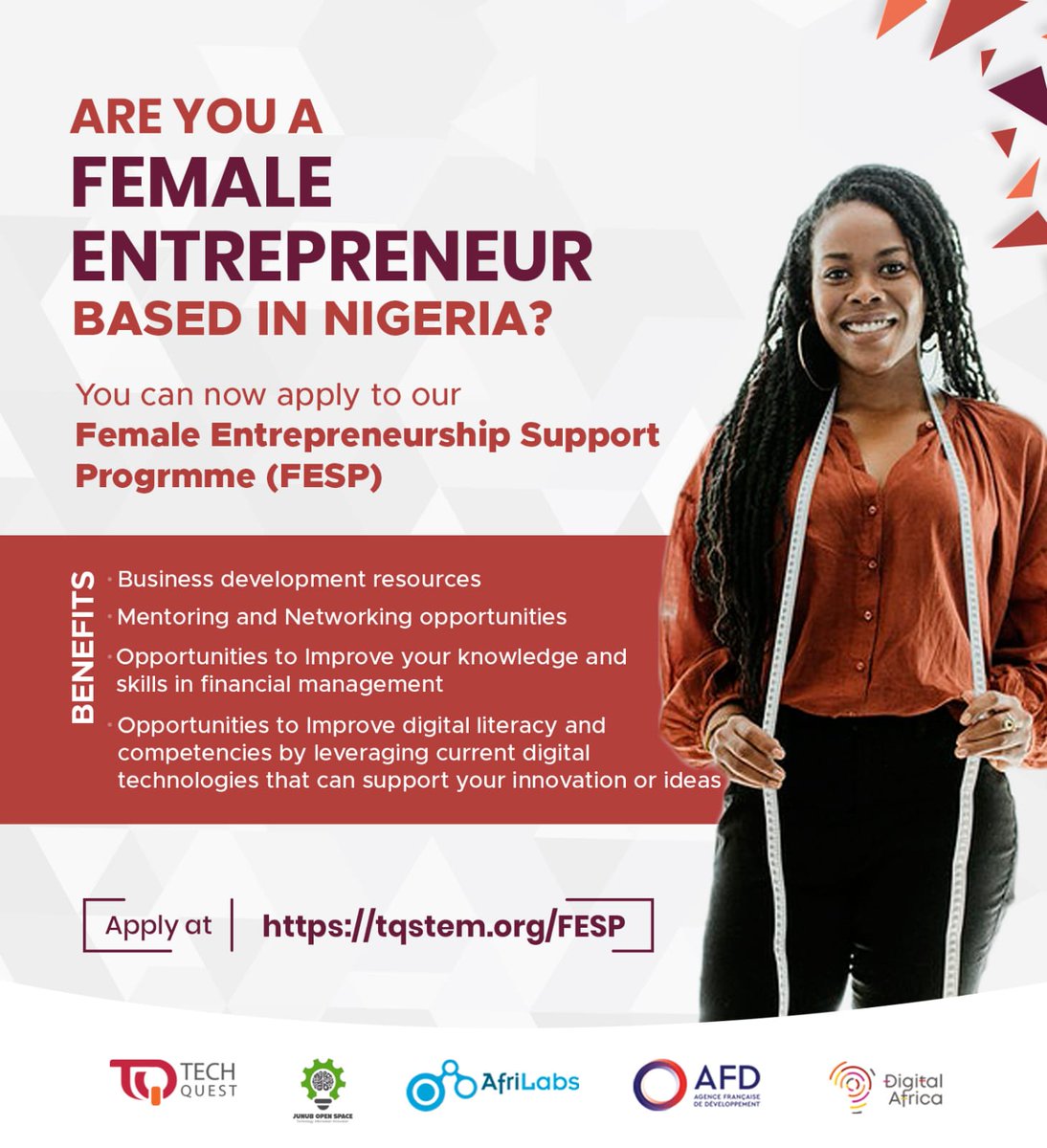 techquestcamp's tweet photo. Are you a female entrepreneur based in Nigeria? You can now apply to our Female Entrepreneurship Support Programme (FESP).

#TechQuest
#AfriLabs
#DigitalAfrica
#ACBP
#STEM4Empowerment (1/4) https://t.co/yUu9ncGdeT