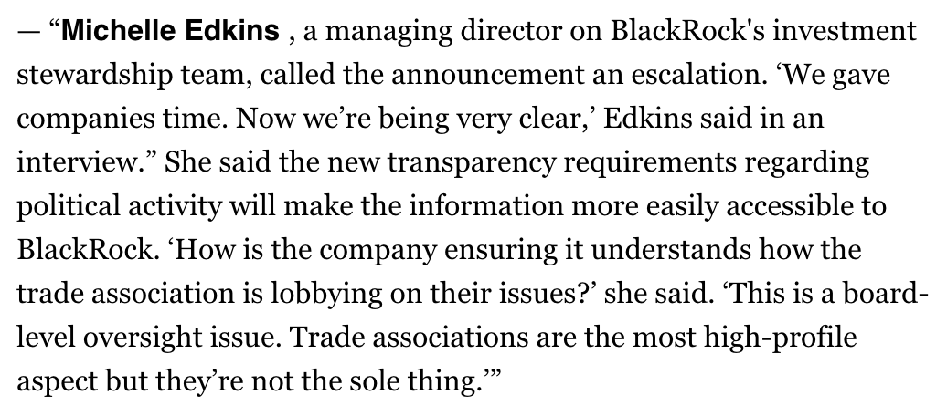 This is a really interesting move from BlackRock, especially because of what it could mean for participation in DC-based trade associations, which don't always act in their own members' interests, let alone the public's  https://www.politico.com/newsletters/politico-influence/2020/12/10/cassidy-aide-heads-downtown-792202