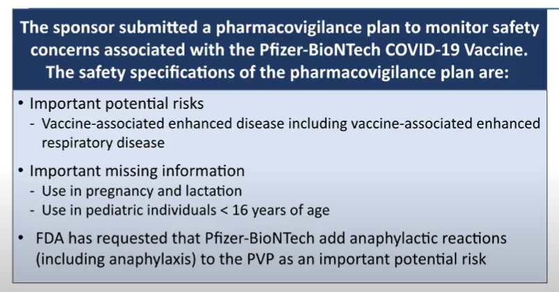 Woah, FDA breaking some news in that last slide. Says FDA asked Pfizer to add anaphylactic reactions to the pharmacovigilance plan "as an important potential risk."The UK had flagged those risks yesterday.