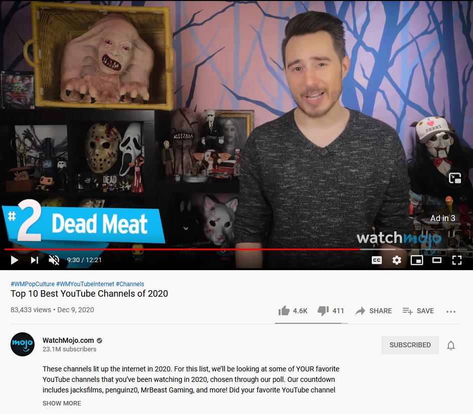 Dead Meat On Twitter Big Thanks To Watchmojo For Once Again Including Me On Their List Of The Year S Top 10 Youtube Channels Last Year They Had Me At 3 This Year