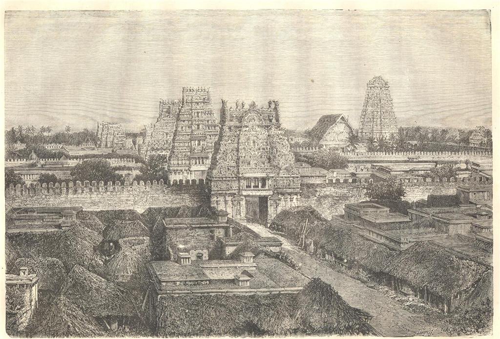 "Sriringam temples view," and “Rajah-Gopuram” wood engravings by H. Clerget, from 'Le Tour du Monde', 1869