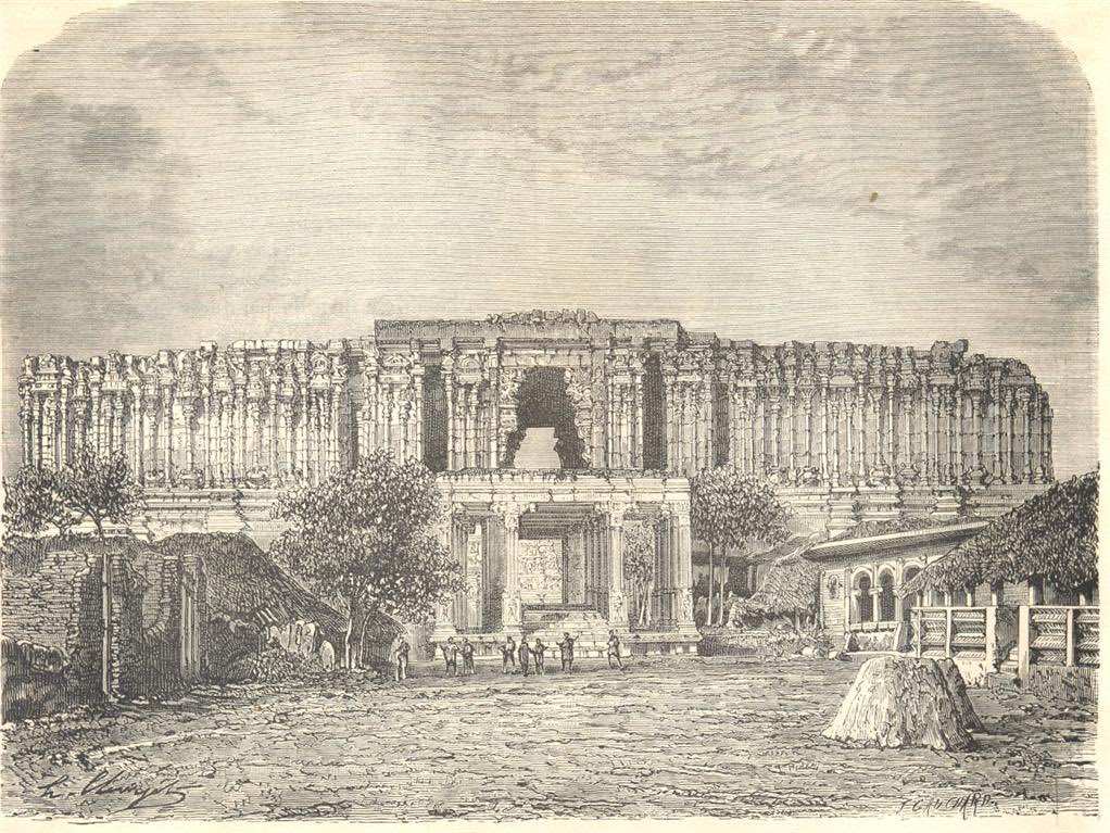 "Sriringam temples view," and “Rajah-Gopuram” wood engravings by H. Clerget, from 'Le Tour du Monde', 1869