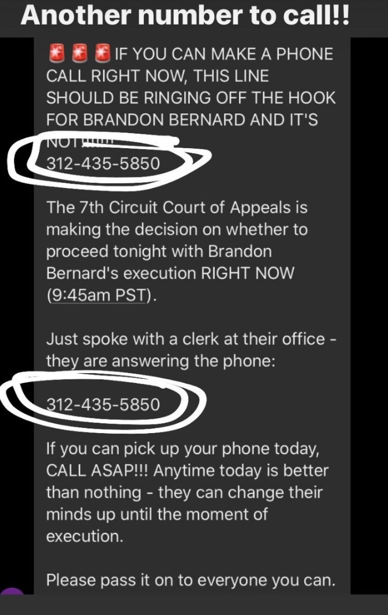 defundthepolic5's tweet photo. IMPORTANT NEW PHONE CALLS TO THE COURT OF APPEALS YOU CAN MAKE FOR #BrandonBernard 
312-435-5850 https://t.co/ODVHDvIC1P