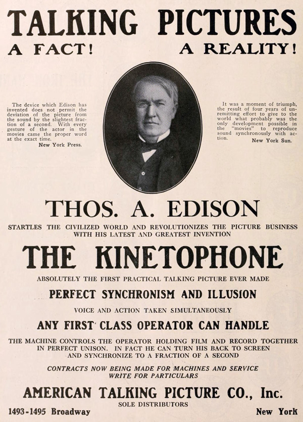 Edison's own projecting Kinetophone technology launched with great fanfare in 1913.Both the Edison and Gaumont talkies were limited to shorts due to synchronization but Edison's folded almost immediately while Gaumont's survived.