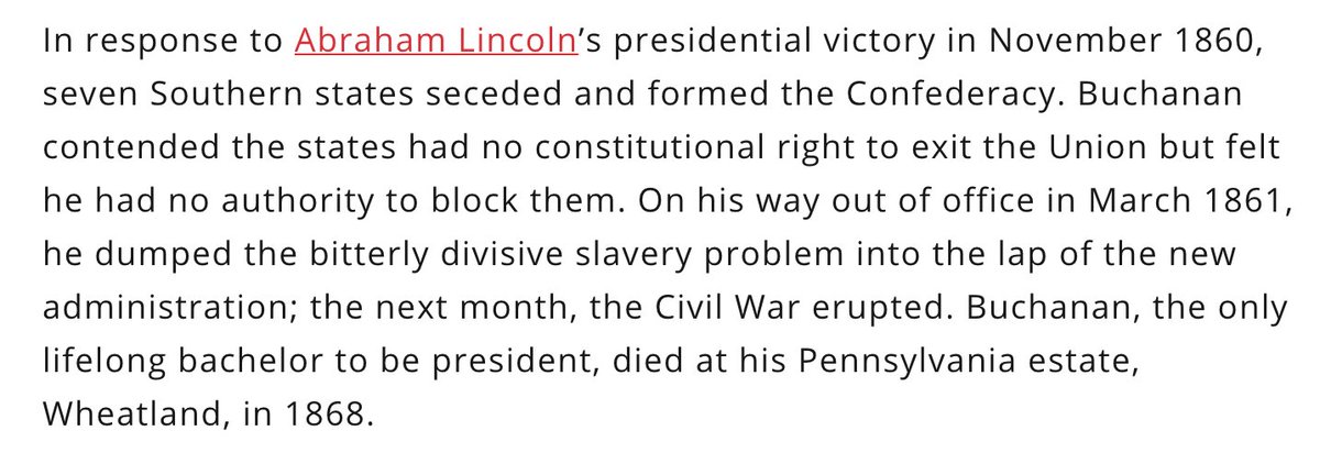 And then, another anti-slavery Republican runs for president and actually wins: one Abraham Lincoln. And in the four-month lame duck period between Lincoln's inauguration and Buchanan's exit, pretty much things go as downhill as they are going right now in America...