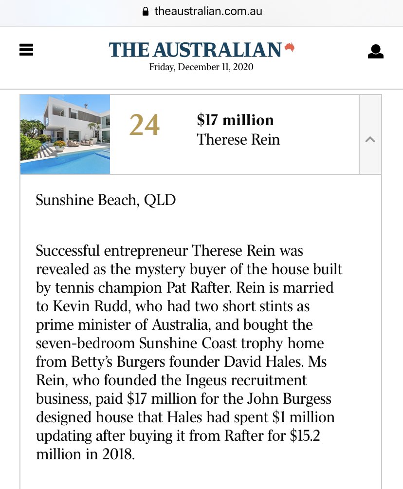 Good morning to whoever wrote this absolutely savage description of Australia’s #24 mansion owner:

“Rein is married to Kevin Rudd, who had two short stints as prime minister of Australia.”