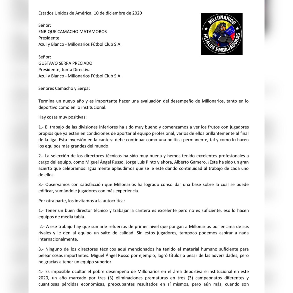 FilialesE's tweet photo. #CARTA de las @filialesembajadoras filiales de MILLONARIOS en los Estados Unidos a Gustavo Serpa y Enrique Camacho: "Cada vez son menos los hinchas que creen en un futuro ganador para el equipo"

El texto ya fue enviado a los máximos dirigentes con copia a @mundomillos #serpa 👀 https://t.co/OOM3Z4Xe4l