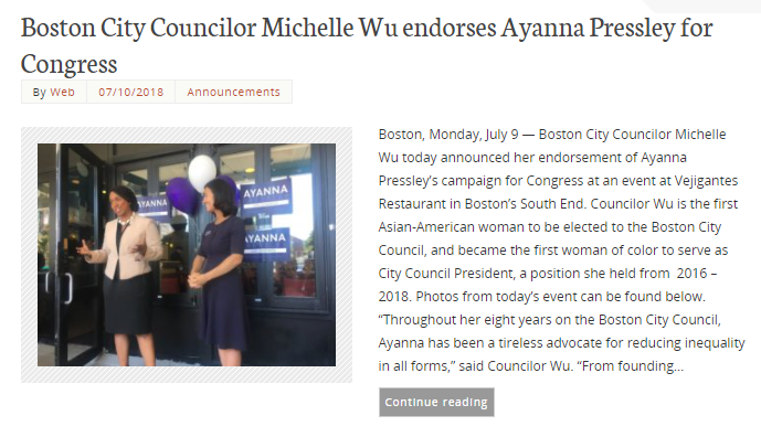 When Ayanna was elected, she received an endorsement from Michelle Wu, a former student of Elizabeth Warren's, a fellow city council member in Boston, and a proponent of the Green New Deal. She even has her own GND for Boston. The CPPA also backs Wu alongside Ayanna.