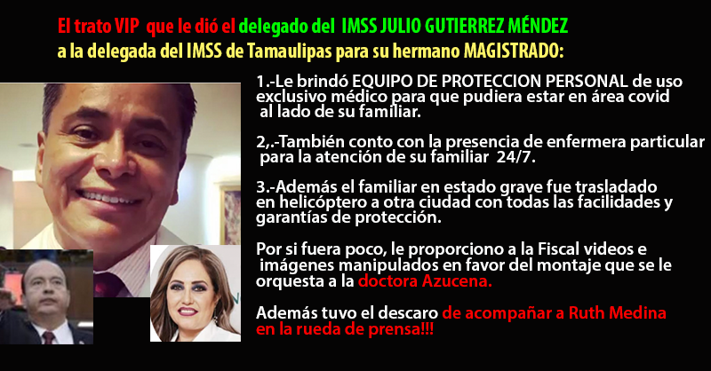 super_vissorVDD's tweet photo. Así empezó todo

El señor @JulioGtzMendez delegado del @IMSSDgo permitió q hubiera trato exclusivo a un paciente con COVID:al MAGISTRADO hermano d la delegada del @Tu_IMSS_TAM d TAMAULIPAS ❌

Lo demás es historia, @RuthMedinaMX también les dio trato VIP...

INFLUYENTISMO TOTAL https://t.co/JZniQwLV45
