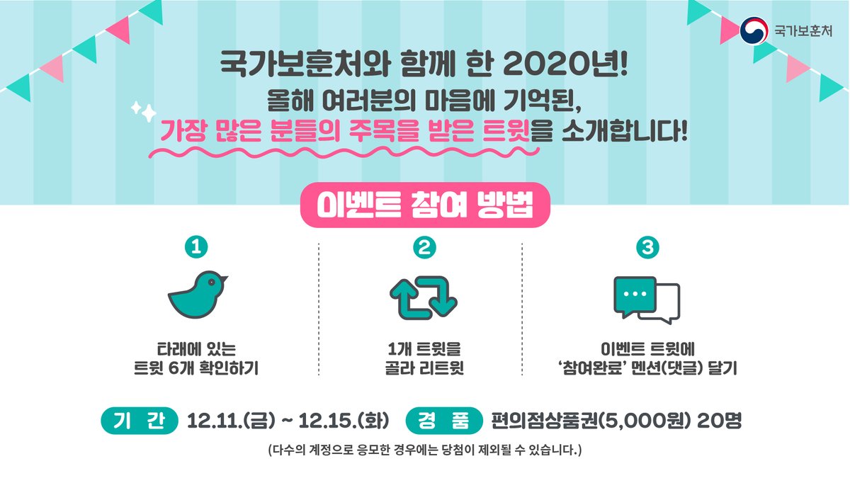 [#이벤트]
올해 여러분의 가슴을 울린 국가보훈처 트윗은 무엇인가요? 그 감동을 다시 한번 공유해 주세요😊(당첨자발표: 12.17.(목))
✔타래에 있는 6개의 트윗 중 1개를 리트윗하고
✔‘참여완료’ 멘션을 남기면 끝!
✔국가보훈처 팔로우는 필수!