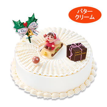 Pekotanabe クリスマスデコレーションケーキ アプリコット 直径165mm 5 6人用 3 0円 税込 ペコちゃんサンタがこれからみんなのお家にプレゼントを届けに行くシーンの描いたデコレーションバターケーキです スポンジにアプリコットジャムをサンド