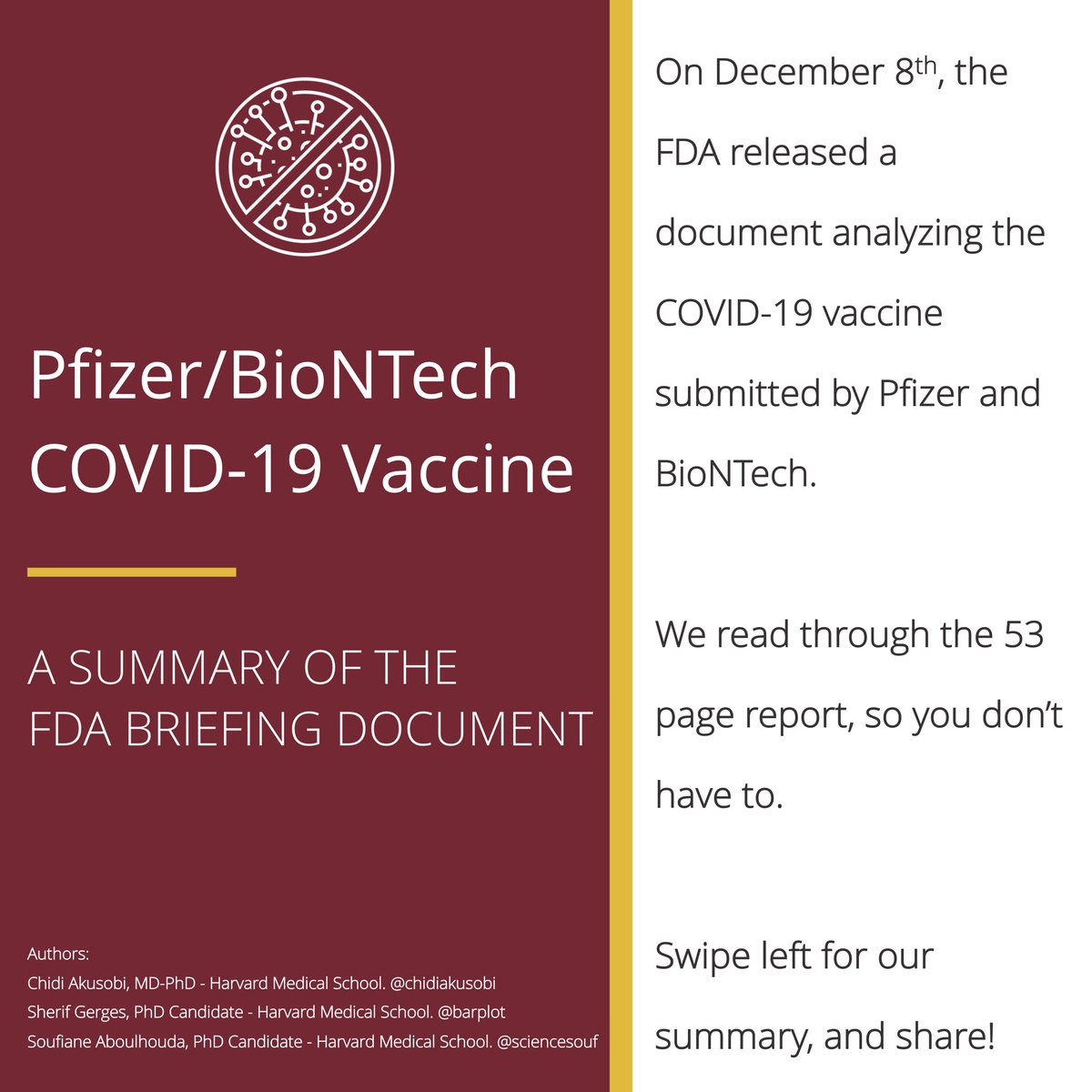Chidi Akusobi MD, PhD (@chidiakusobi) on Twitter photo A summary of the Pfizer/BioNTech COVID-19 vaccine trial data.
<a href="/SherifMorris/">Sherif Gerges</a>, <a href="/sciencesouf/">Soufiane Aboulhouda</a>, and I (PhD students at <a href="/harvardmed/">Harvard Medical School</a>) read through the 53 page FDA report and answered key questions for the general public about the vaccine.
Read ⬇️ and pass along!
#COVID19 #Vaccine A summary of the Pfizer/BioNTech COVID-19 vaccine trial data.
<a href="/SherifMorris/">Sherif Gerges</a>, <a href="/sciencesouf/">Soufiane Aboulhouda</a>, and I (PhD students at <a href="/harvardmed/">Harvard Medical School</a>) read through the 53 page FDA report and answered key questions for the general public about the vaccine.
Read ⬇️ and pass along!
#COVID19 #Vaccine