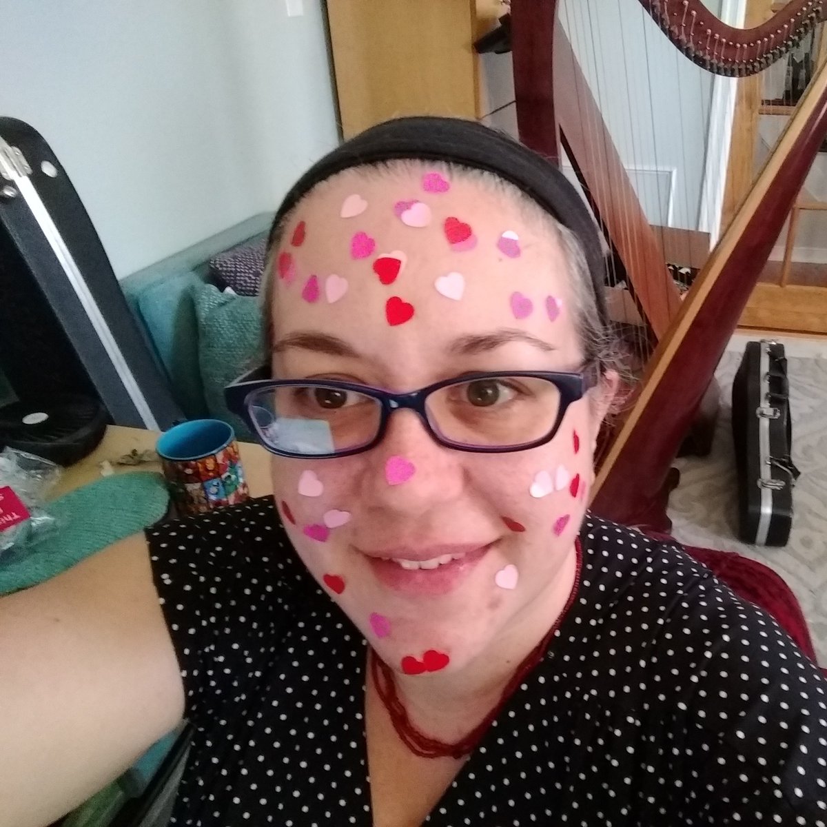 Every time a music student played their instrument on camera or microphone, I added a sticker to my face today. This was my face after 6th grade orchestra. #orchestradirector #virtuallearning #teachertwitter
