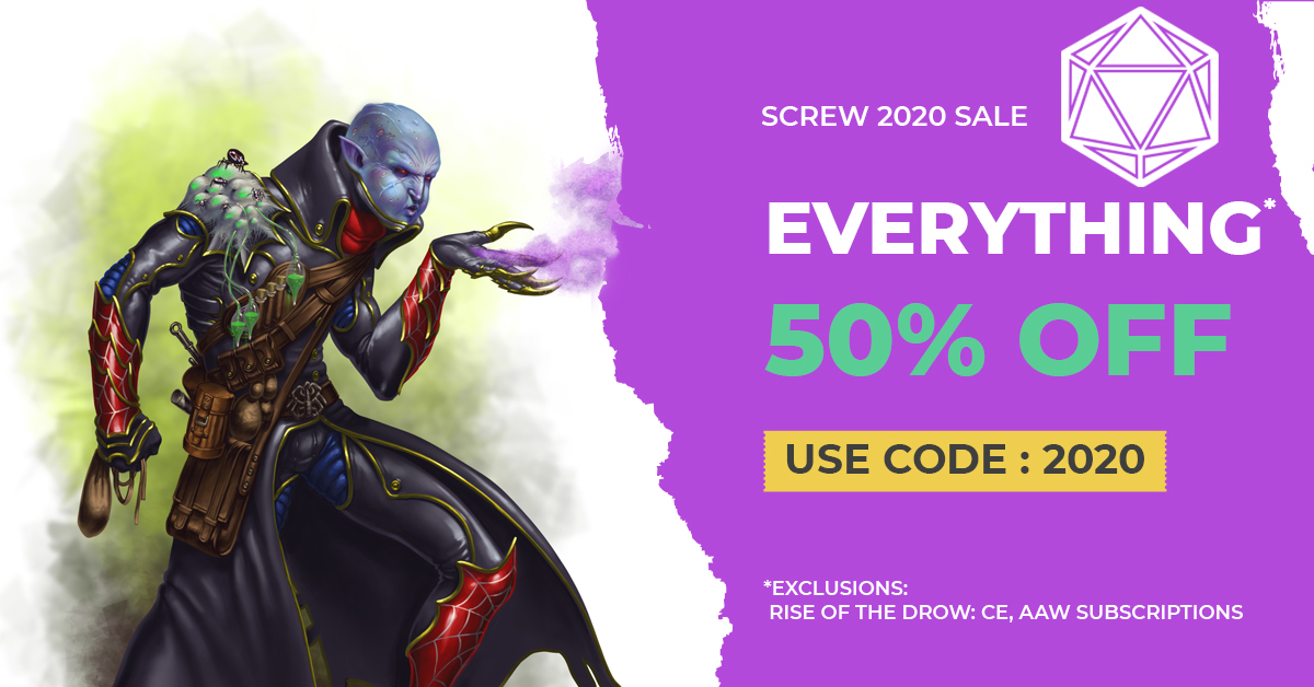 RETWEET = Entered to win:
$10 Store Credit x2
Frozen Nightmares softcover x2
🔥$29🔥 Hardcovers
🔥$15🔥 Vinyl Maps
🔥$10🔥 Drow Plush Dolls
*Until sold out!
AAWGames.com
Coupon Code: 2020 = 50% OFF!
#dnd #dnd5e #pathfinder #starfinder #savageworlds #dungeonsanddragons