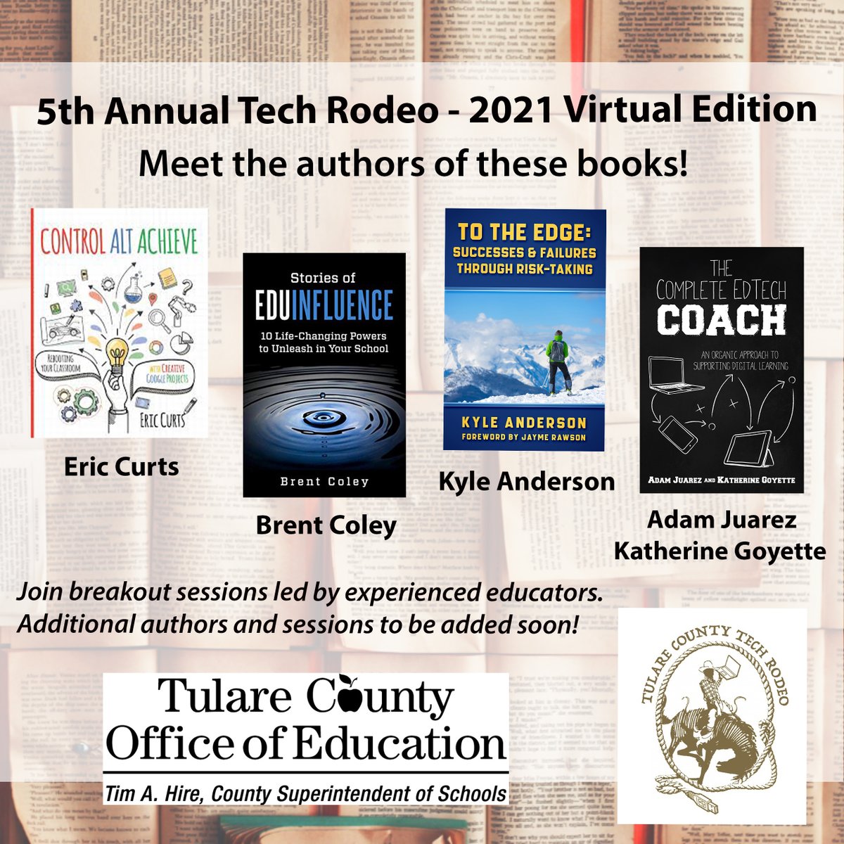 tularecoe's tweet photo. Registration is open for Tulare County's 5th Annual Tech Rodeo, Saturday, January 16, 2021. Hear from experienced authors and educators who discuss strategies for teaching and leading in a virtual/hybrid environment. View session offerings and register: https://t.co/R88MexZxws https://t.co/ScTmBALnzR