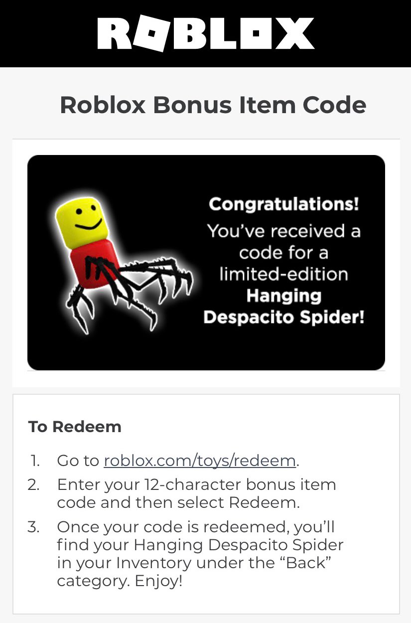 Tad The Merchant On Twitter Like Despacito Spider Here Is 1 Roblox Code For A Backpack 3998 0758 5038 Https T Co W5yagrqz7k Twitter - descpacito 2 roblox code