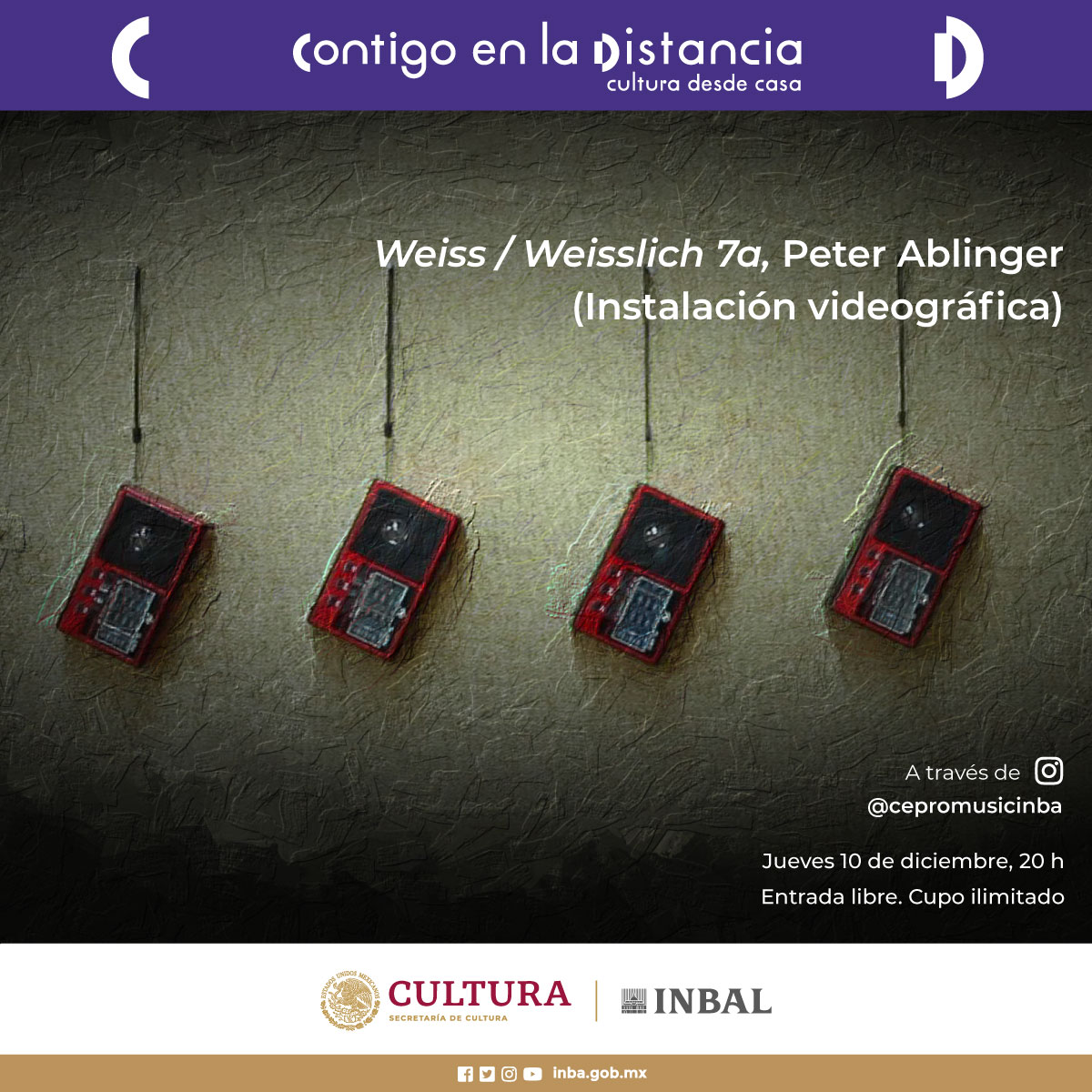 CEPROMUSIC's tweet image. ¿Ya nos sigues en #Instagram #cepromusicinba ? En punto de las 8:00 de la noche transmitiremos en Live la instalación videográfica: Weiss/Weisslich 7a de #PeterAblinger ¡No te lo pierdas!