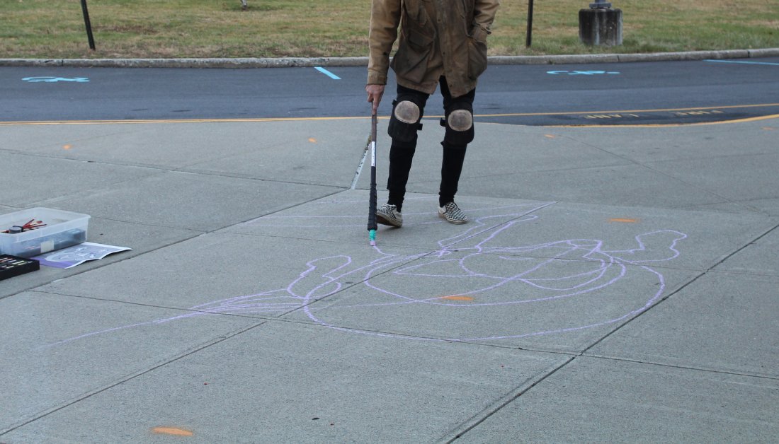 KLSchools's tweet photo. The Katonah Chalker was a mystery guest at the #JJMS Art Club today! 

The students watched the artist create a mural on the sidewalk near the school entrance. Cohort B will see the finished mural tomorrow 👀 https://t.co/ZBF3MOGySJ