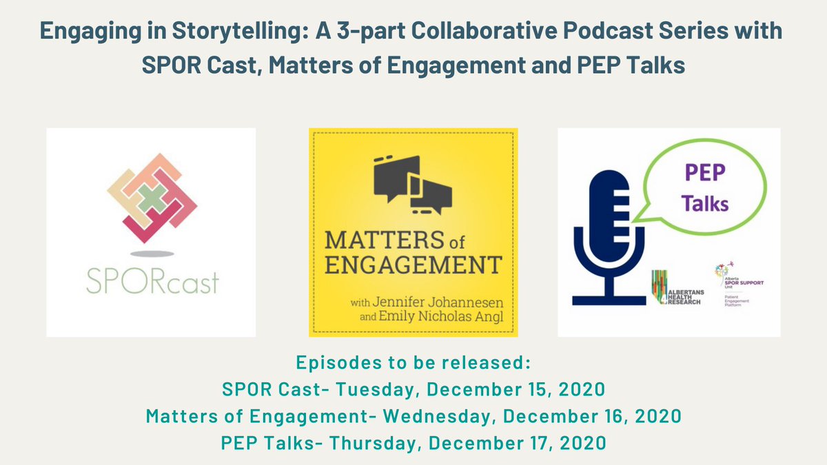 Join us next week (15th, 16th, 17th) for our 3-part Podcast Series on 'Engaging in Storytelling'! Episode #1 hosted by <a href="/SPOR_cast/">SPORcast</a>, Episode #2 hosted by <a href="/MattersEngage/">Matters of Engagement podcast</a> &amp; Episode #3 hosted by <a href="/AbSPORU_PEP/">Patient Engagement Platform</a>!! #PatientEngagement