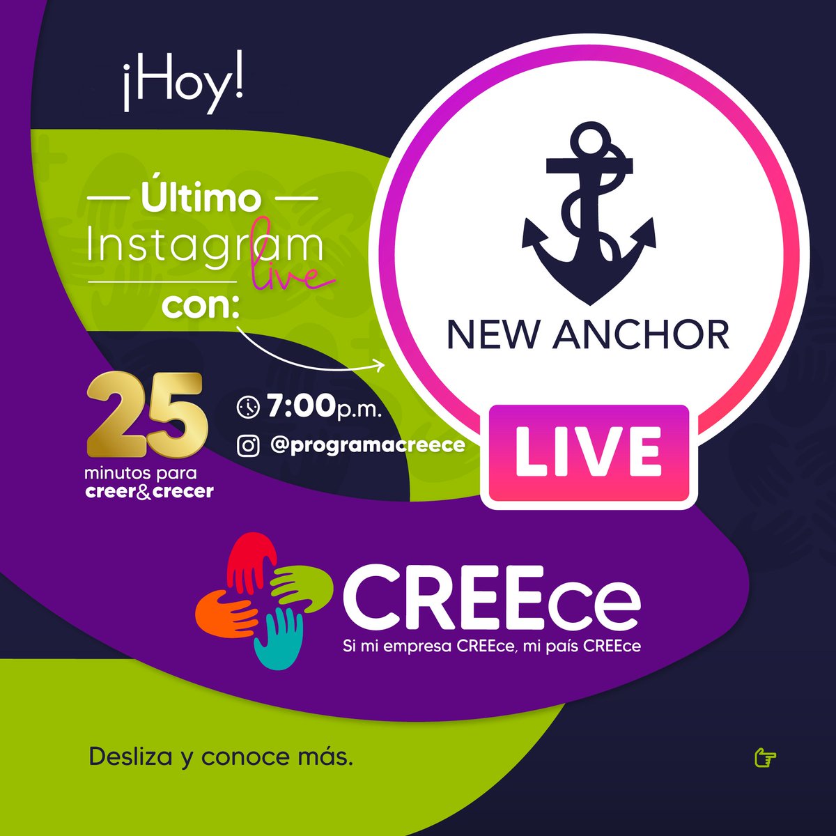 camaracali's tweet photo. Conoce en la última transmisión de '25 minutos para creer y crecer' la historia de #NewAnchor, una marca con una inspiración inigualable 💪, de la mano de María Camila Betancourt🤩 y Alexander Castaño👨🏼‍💻.
Conéctate🗓 Hoy a las 7:00 p.m. en el #Instagram de @ProgramaCREEce.
#CREEce https://t.co/Zbxujki9tC