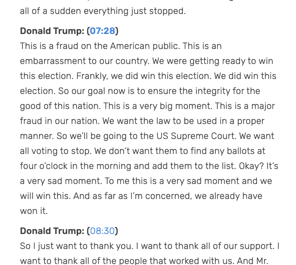 In fairness, I went to bed that night at like 4am after Trump gave his nonsensical speech calling the election a fraud and saying he was going to take it to SCOTUS.  https://www.rev.com/blog/transcripts/donald-trump-2020-election-night-speech-transcript