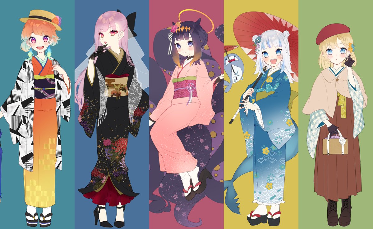 gawr gura ,mori calliope ,ninomae ina'nis ,takanashi kiara ,watson amelia holomyth multiple girls japanese clothes pink hair kimono umbrella hat  illustration images