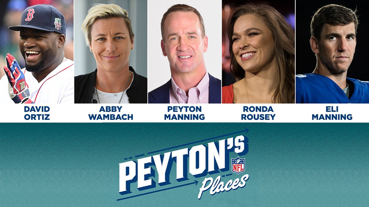 Peyton's Places is back – & growing! Produced with  @NFLFilms, Season 2 is available now on ESPN+ & Season 3 is coming Fall 2021. Plus the show is expanding to tell the stories of other sports with series hosted by  @davidortiz ,  @AbbyWambach ,  @RondaRousey  &  @EliManning .