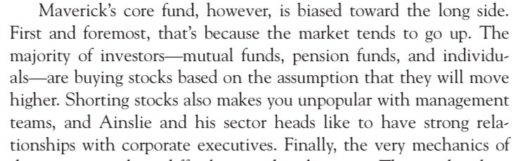 He is long biased - thinks a competitive advantage is his relationships with management and it is hard to build one when you are short. (6/n)