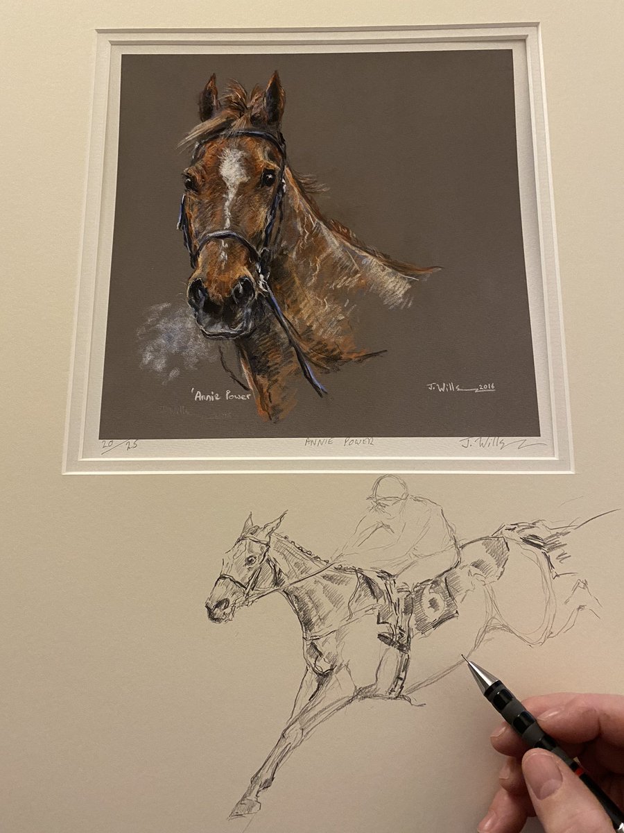 Working late tonight . Sketching Annie Power on an order for one of the special edition prints . Daylight hours  so short  for painting I have to do the sketching jobs when I can fit them in.  #artistatwork #artistlife #winter #jumpracing #AnniePower #IrishRacing #Cheltenham.