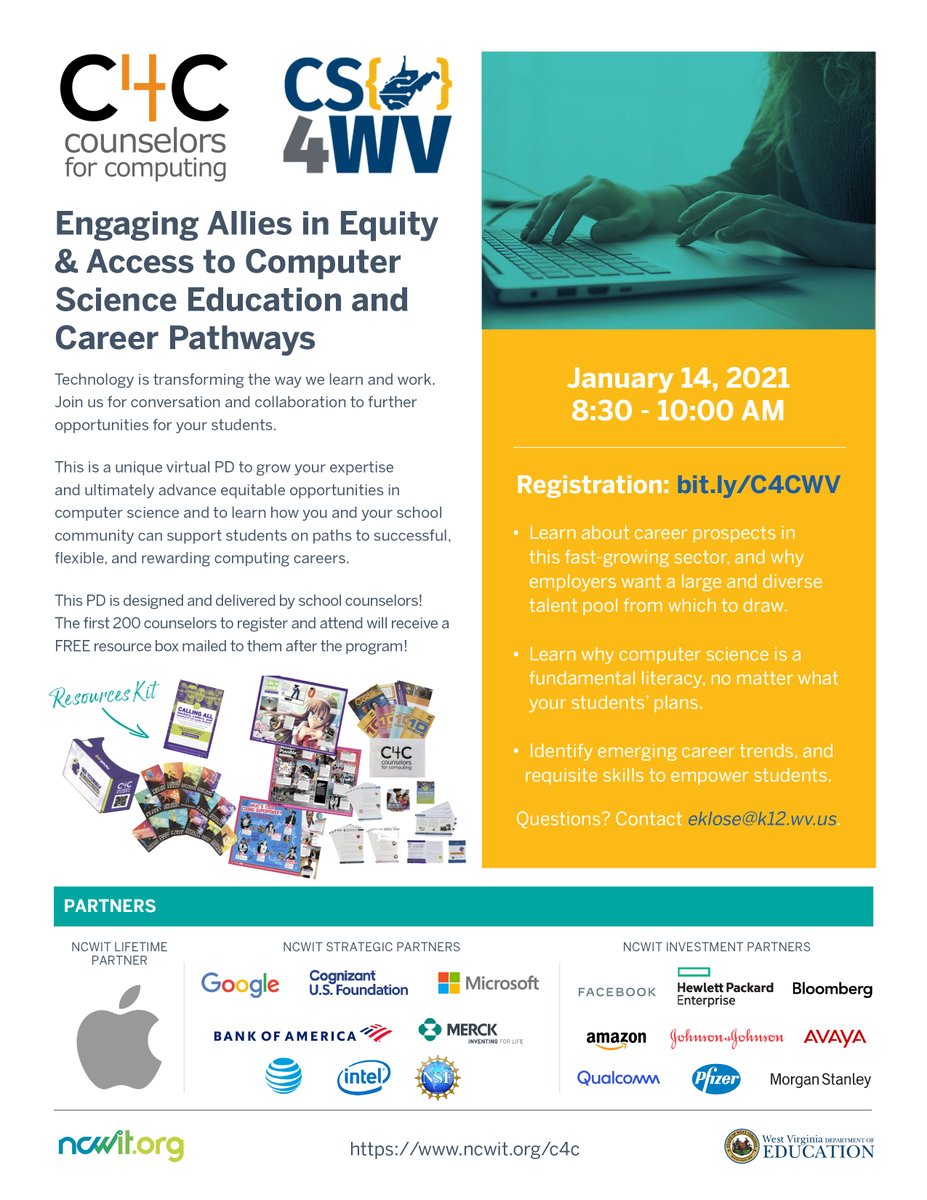 WVEducation's tweet image. Our counselors are 🔑 to increasing the numbers of students taking computer science. On January 14, WVDE will be partnering with @NCWIT to provide free Computer Science Professional Learning designed just for our counselors. 
 #CSEdWeek #CS4WV💻 
Learn more👇
