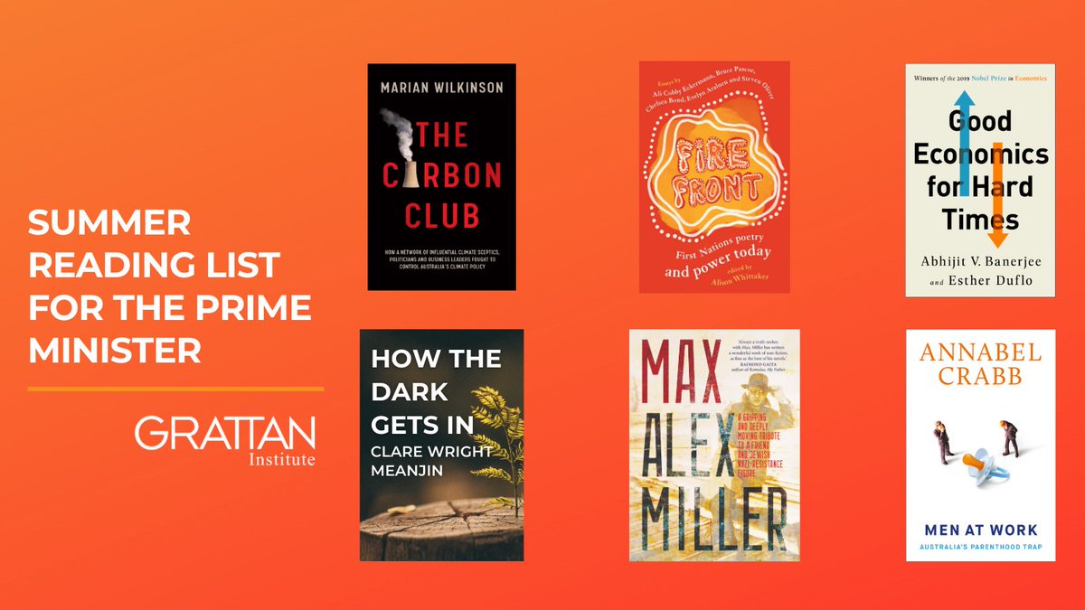 We’re thrilled to announce Grattan Institute’s 2020 Summer Recommended Reading List for the Prime Minister. 

Here are the five books (and one essay) that we think <a href="/ScottMorrisonMP/">Not ScoMo</a> (and all Australians) should read. 📚
grattan.edu.au/news/announcin… #auspol