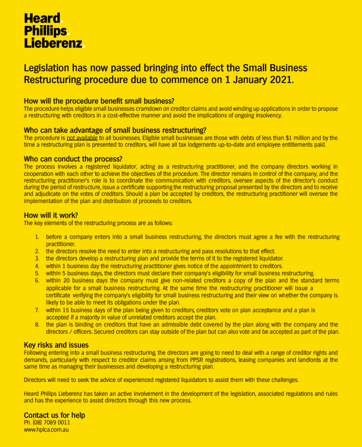 HPL_Advisory's tweet photo. Small Business Restructuring is due to start on 1 January 2021 to help small businesses recover from COVID!

The attached summary explains how this procedure can help good businesses recover their viability and solve their solvency crisis. 

#hpl #restructuring #advice https://t.co/ua4jXYN18j