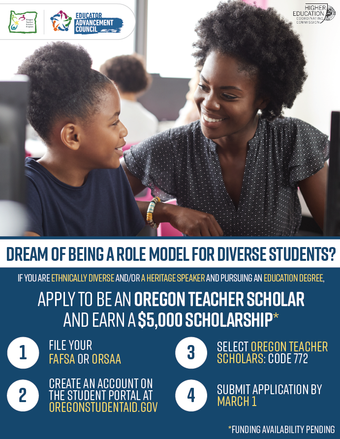 PacificUFinAid's tweet photo. The Oregon Teacher Scholar Program offers a scholarship of $5,000 per school year for ethnically diverse or Heritage Speakers of a language other than English.

Apply today at https://t.co/4pGfwzHr0G https://t.co/rX3ZnP2Fpo