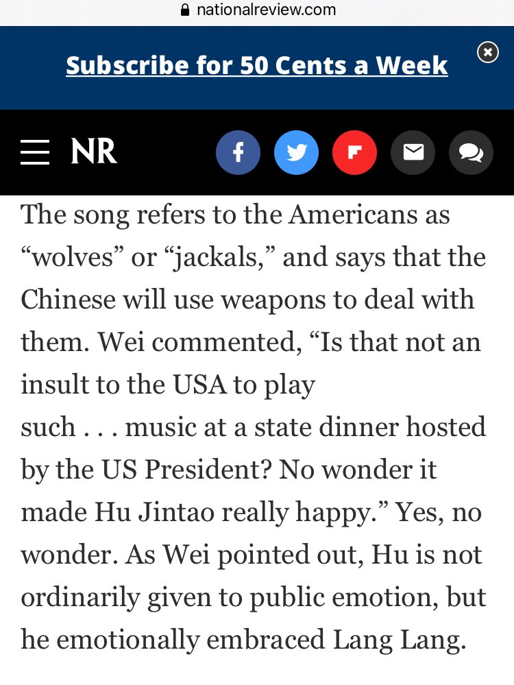 6) At a Whitehouse state dinner Lang Lang played an anti-American CCP song for Obama & Hu Jintao...to thunderous applause!  https://www.nationalreview.com/corner/song-and-obscenity-jay-nordlinger/