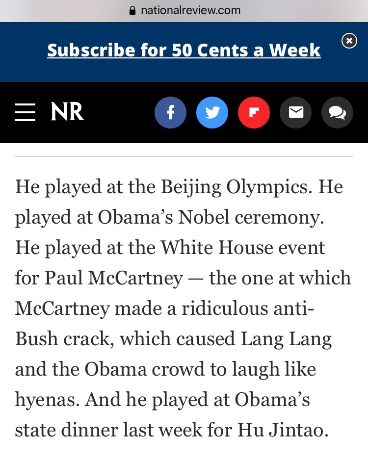 6) At a Whitehouse state dinner Lang Lang played an anti-American CCP song for Obama & Hu Jintao...to thunderous applause!  https://www.nationalreview.com/corner/song-and-obscenity-jay-nordlinger/