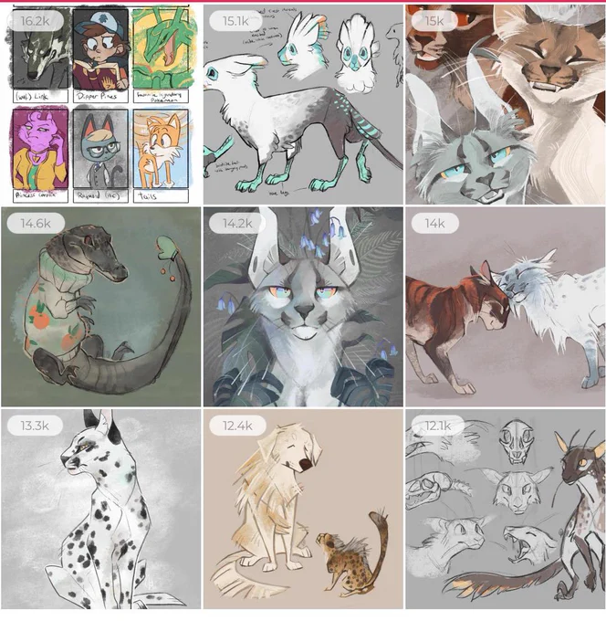 I love all these end of year recaps ? here was my top nine performing pieces on instagram this year apparently. No surprise at fanart being #1, big surprise at my nasty first draft of my bird cat at #2 (☉ ͜ʖ☉) 