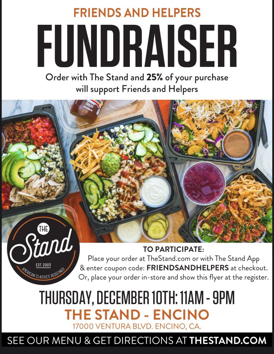 - (@thekevinryder) on Twitter photo Today. 25% of every takeaway order from The Stand in Encino goes to <a href="/Friends_Helpers/">Friends & Helpers</a>!
Eat like there’s no tomorrow!
Then diet tomorrow :) Today. 25% of every takeaway order from The Stand in Encino goes to <a href="/Friends_Helpers/">Friends & Helpers</a>!
Eat like there’s no tomorrow!
Then diet tomorrow :)