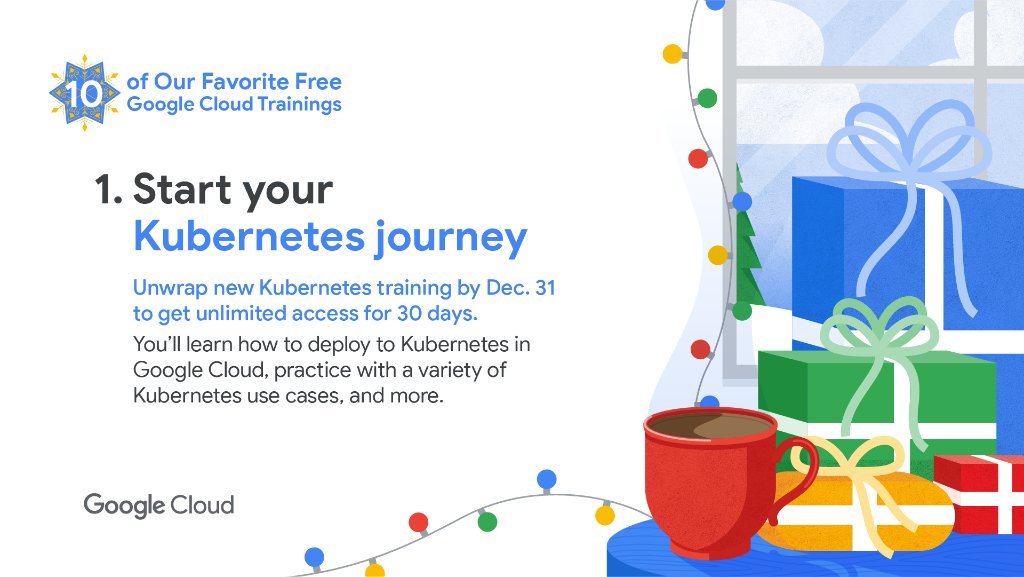 googlecloud's tweet photo. Containerizing apps on #GKE.
Configuring access and security.
Lectures, demos, and hands-on labs.
Google Cloud trainings and learnings.
These are a few of our favorite things. 

Unwrap this #Kubernetes training by Dec. 31 to get free access for 30 days → https://t.co/9Gc3VknYOp https://t.co/5aDjUi2iWm
