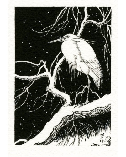 #ArtAdventCalendar Day 10. From 2014, Egret on Snowy Branch. Ink, 64 × 89 mm (2.5 × 3.5': ACEO). Inspired by Ohara Koson.